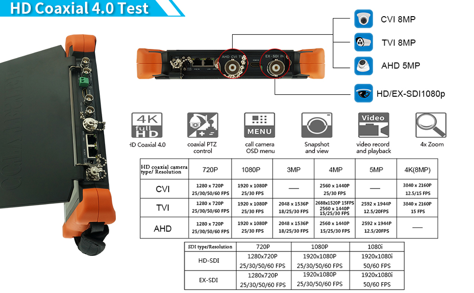 6K IP Camera tester IP Discovery/PoE/WiFi/HDMI Output/RJ45 TDR Test/PTZ Control/ONVIF/Focus Test