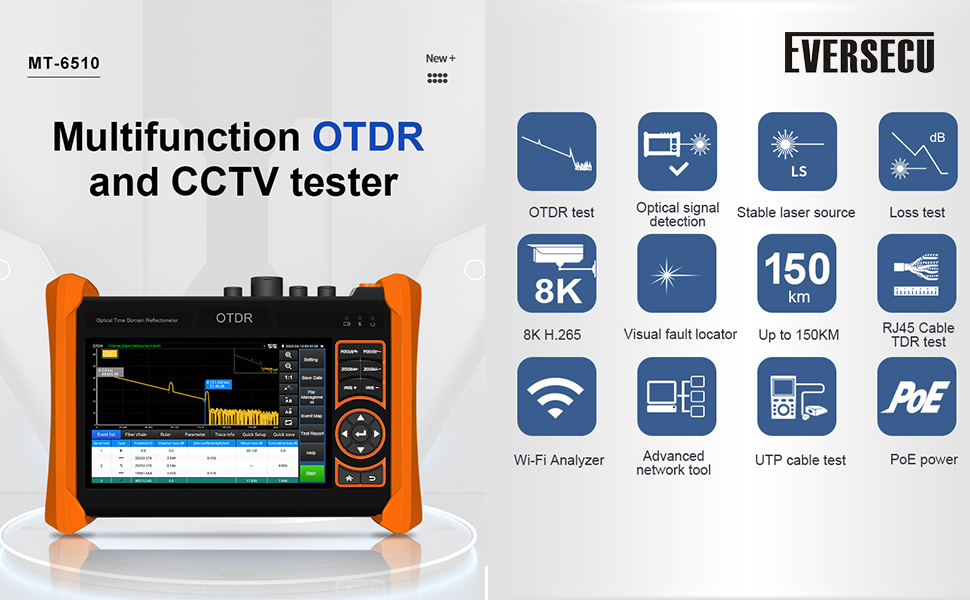 OTDR Fiber Optic Tester, 8K IP&Analog Camera Tester, Gigabit SFP, Cable Tracker, Eletroscope