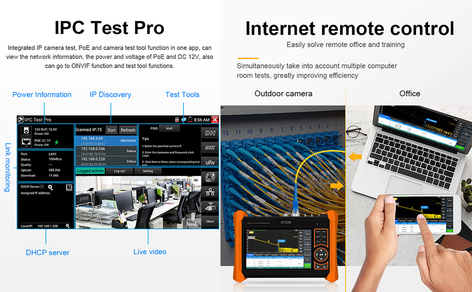 OTDR Fiber Optic Tester, 8K IP&Analog Camera Tester, Gigabit SFP, Cable Tracker, Eletroscope