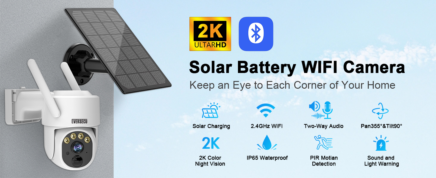 2K CCTV solar powered security camera bluetooth paring to wifi outdoor ptz outdoor indoor spotlight 